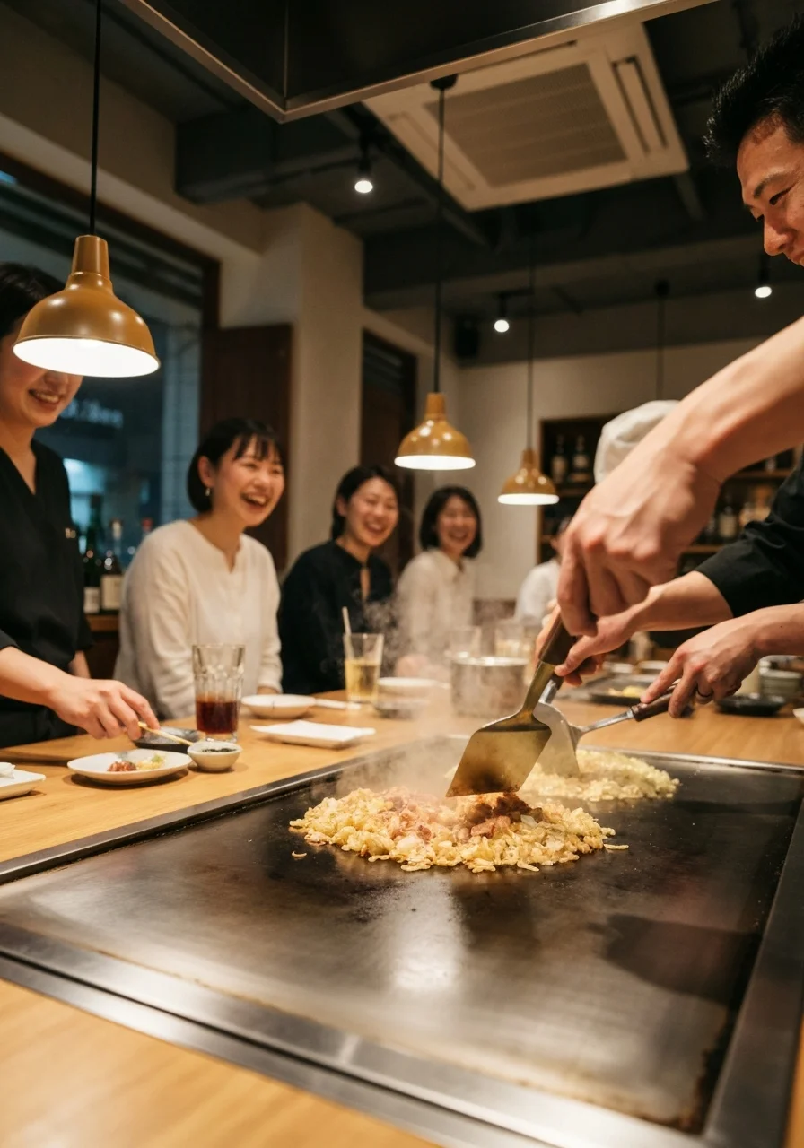 鉄板の前で調理道具を扱うスタッフの手元